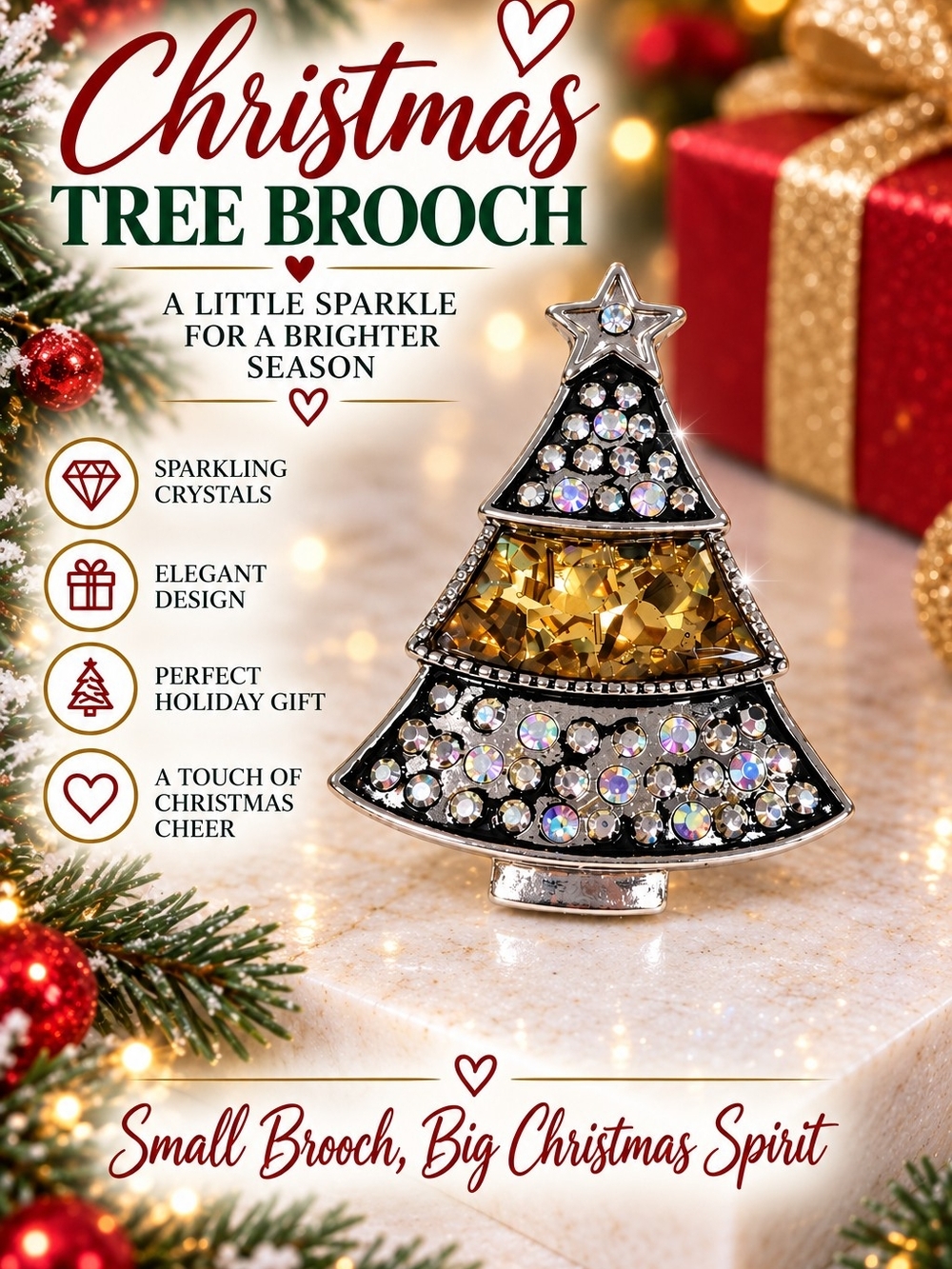612 Crystal Christmas Tree Brooch - Gold and Silver Sparkle